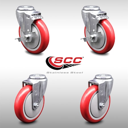 Service Caster 5 Inch SS Red Polyurethane Wheel Swivel Bolt Hole Caster Set with 2 Brake SCC SCC-SSBH20S514-PPUB-RED-TLB-2-S-2